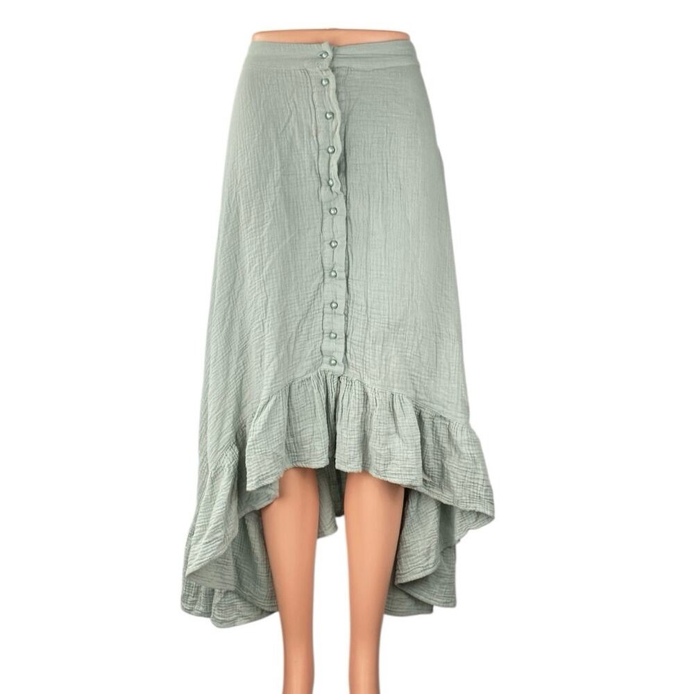 Monn Women's Green High Waisted Ruffle Button Front High Low Midi Skirt Size XS